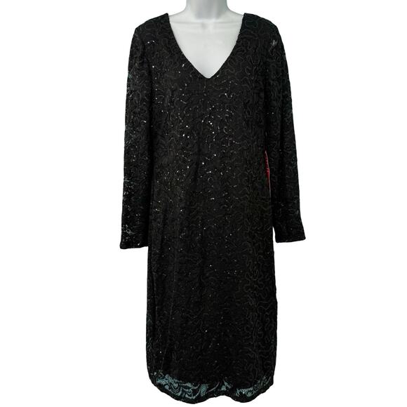 Marina Black Sequin Sheer Long Sleeve V-Neck Low Back Dress size 14 NEW Tags - Picture 12 of 12